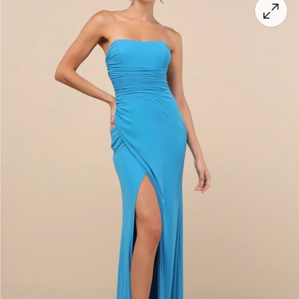 Lulu's blue strapless wedding guest dress
